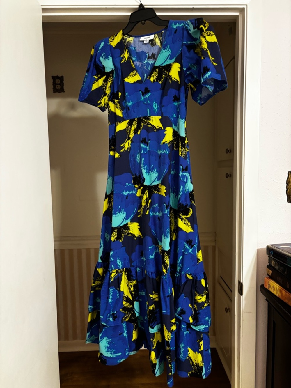 Christopher John Rogers Blue Floral Print Maxi Dress with Yellow Accents